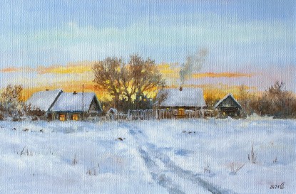 Winter in the village. Evening